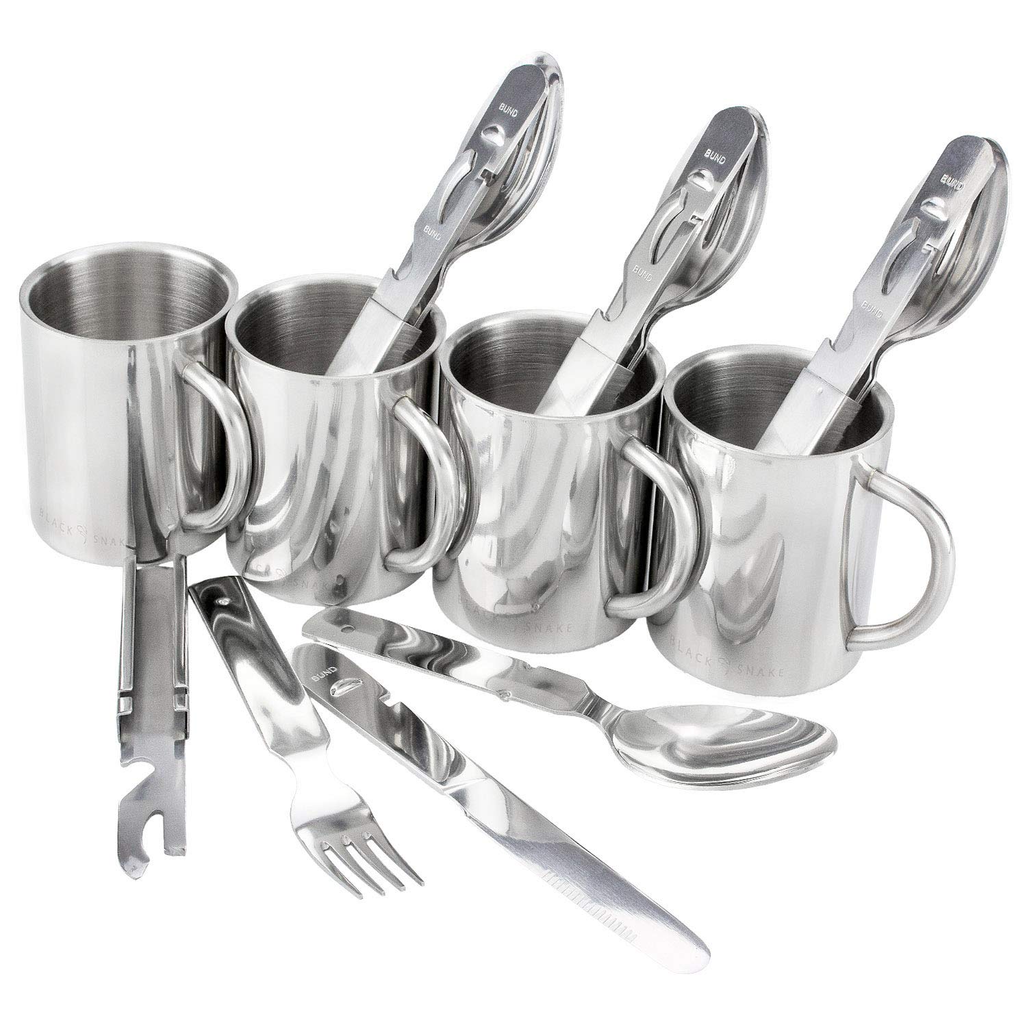 Black Snake Edelstahl Campingbesteck Set mit Thermobecher 1er 2er oder 4er Set im BW Stil