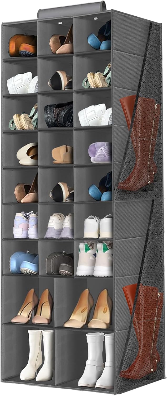 Hanging Shoe Organizer for Closet, Closet Hanging Shoe Storage Rack Holder Shelves,Collapsible Shoe Closet Organizers and Storage with 4 Large Side Pockets,25 Sections for Shoes,Hats,Clothes(Gray)