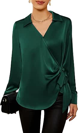 Women's Dark Green Satin Cocktail Dress - Long Sleeve V-Neck Evening Gown With Button Front