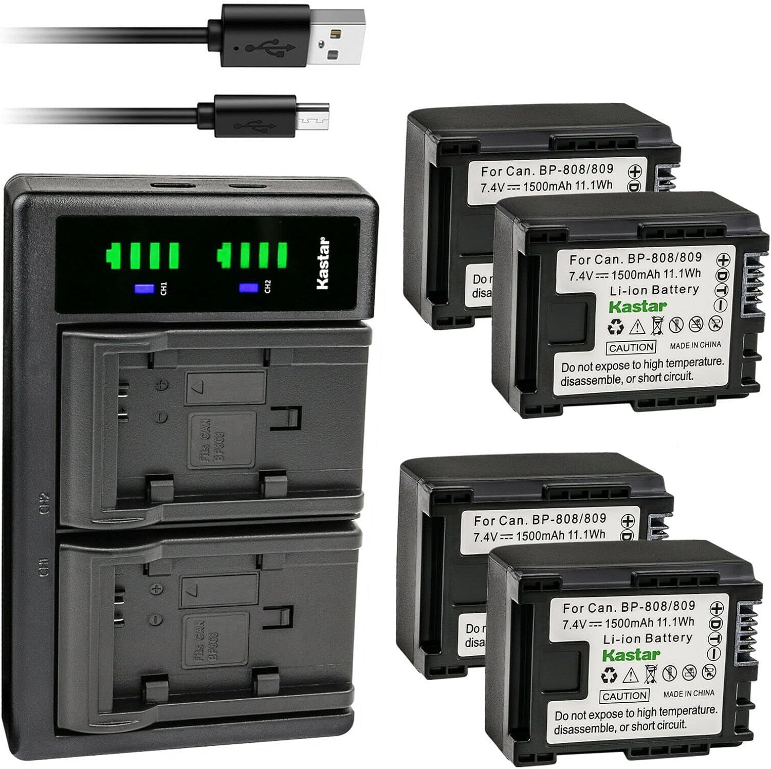 Kastar 4-Pack Battery and LTD2 USB Charger Replacement for Canon VIXIA HF S100 HFS100, VIXIA HF S200 HFS200, VIXIA HF10, VIXIA HF11, Canon BP-809 BP809 BP-809/B BP-809/S, BP-819, BP-827 Battery