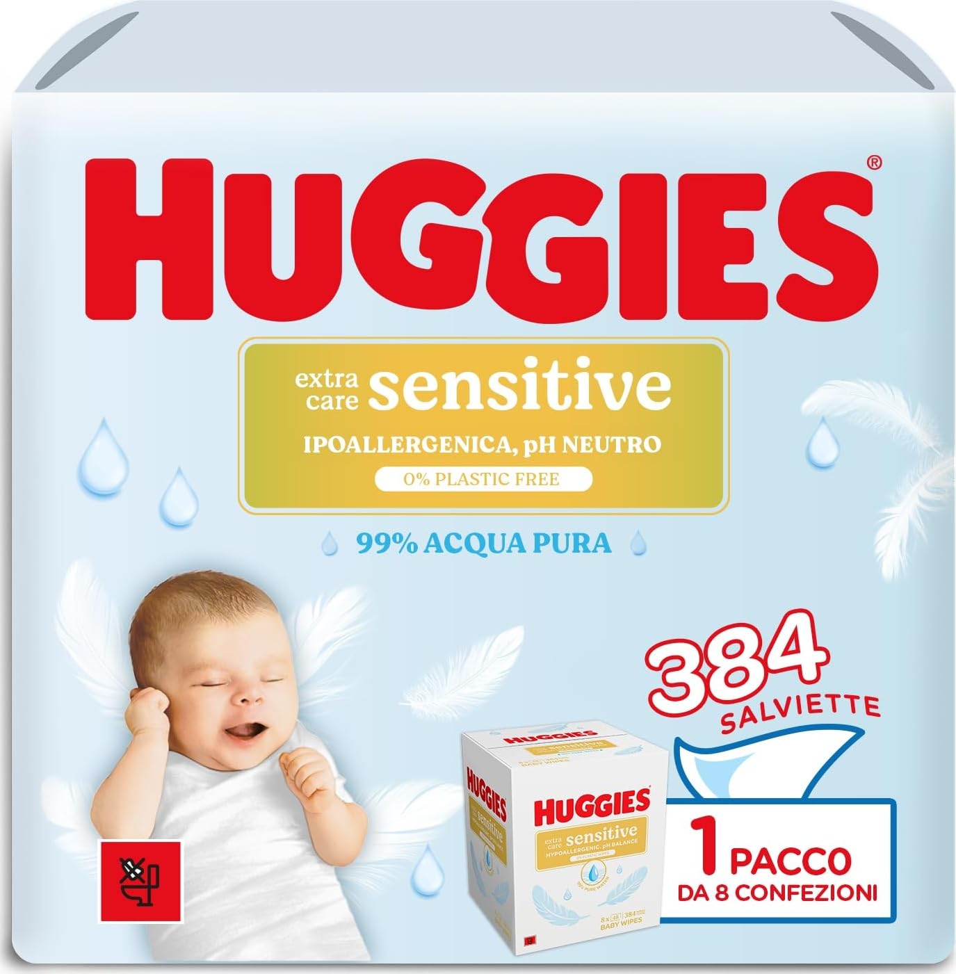 Huggies Extra Care Sensitive, Salviette neonato per pelli sensibili, 99% Acqua pura, 100% Plastic-free, Senza parabeni e alcool, 384 Pz (8 confezioni x 48 salviette)