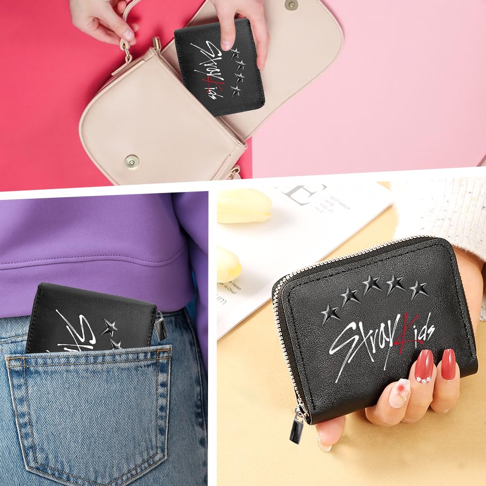 Stray czarny portfel unisex do Stay, SKZ skóra PU z zamkiem błyskawicznym i zawieszką w kształcie gwiazdy, portfel Kpop z 1 naklejką 3D SKZ i 2 fotokartami SKZ
