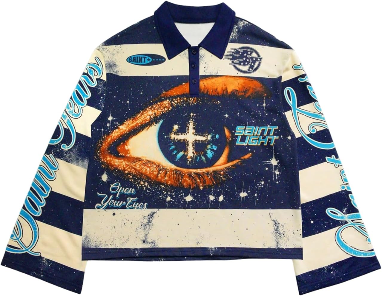 Men's Y2k Eye Print Graphic T Shirt Collared Neck Long Sleeve Oversized Fall Tee Tops Streetwear Halloween Outfits