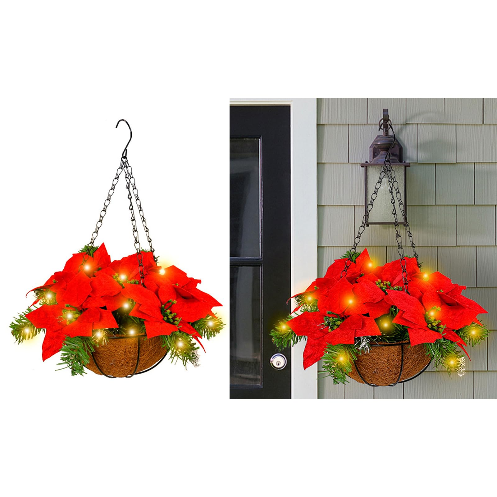 Festive LED Artificial Poinsettia Floral Arrangement Hanging Basket Red Flowers For Home Christmas Decoration Red Flowers For Christmas Decor