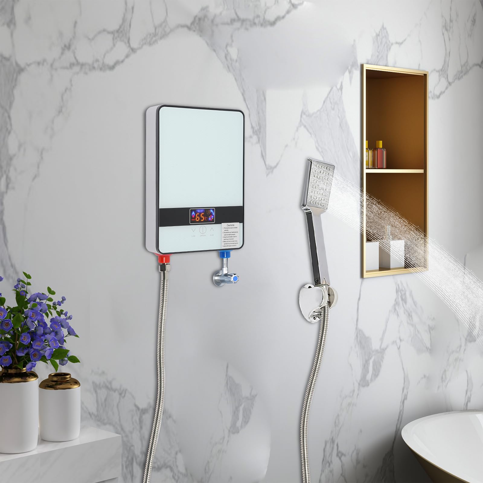 Scaldacqua elettrico istantaneo, 6500 W, mini scaldabagno con indicatore LED (30-55 °C), impermeabile IPX4, per doccia e bagno, bianco