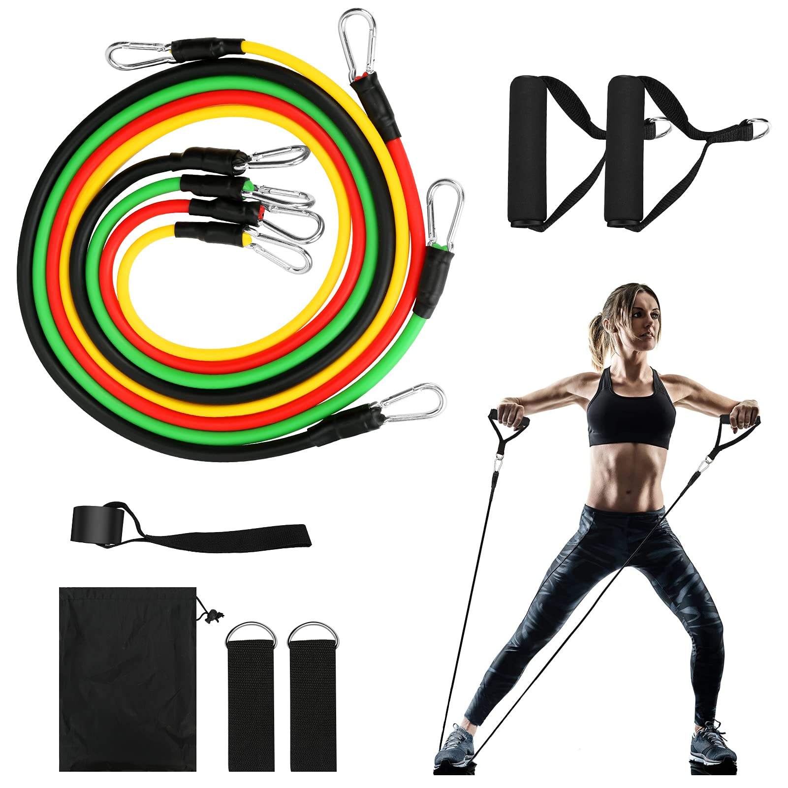 WFCC 11PCS Resistance Bands Set Exercise Bands, Men Home Workouts With 5 Fitness Tubes, 2 Foam Handles, 2 Ankle Straps, Security Buckle, Carrying Pouch, Yoga Pilates Strength Home Gym Equipment