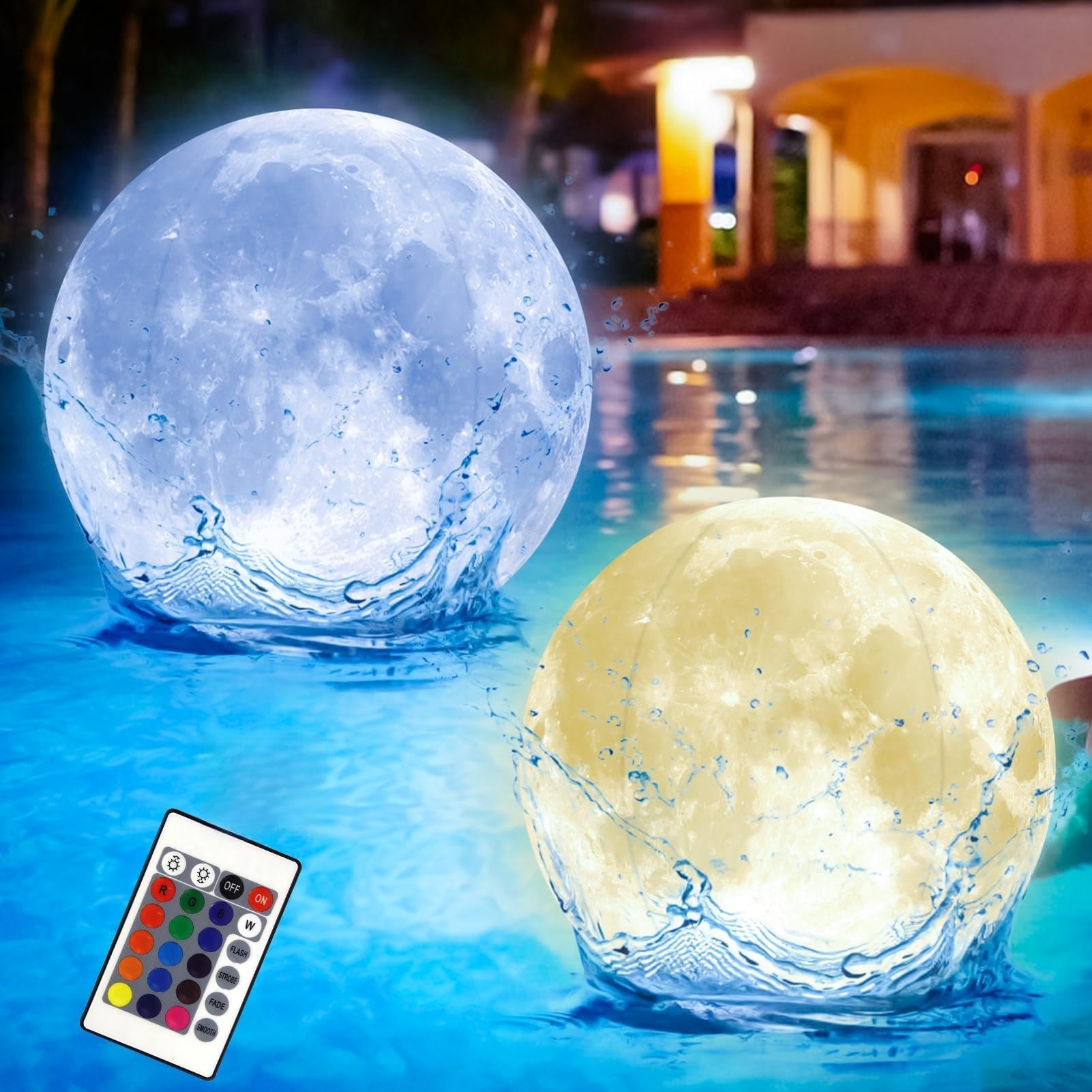 Joycabin 2 bolas de agua hinchables LED luminosas con luna, diámetro de 40 cm, iluminación flotante para piscina, impermeable, para playa, jardín, piscina, fiesta
