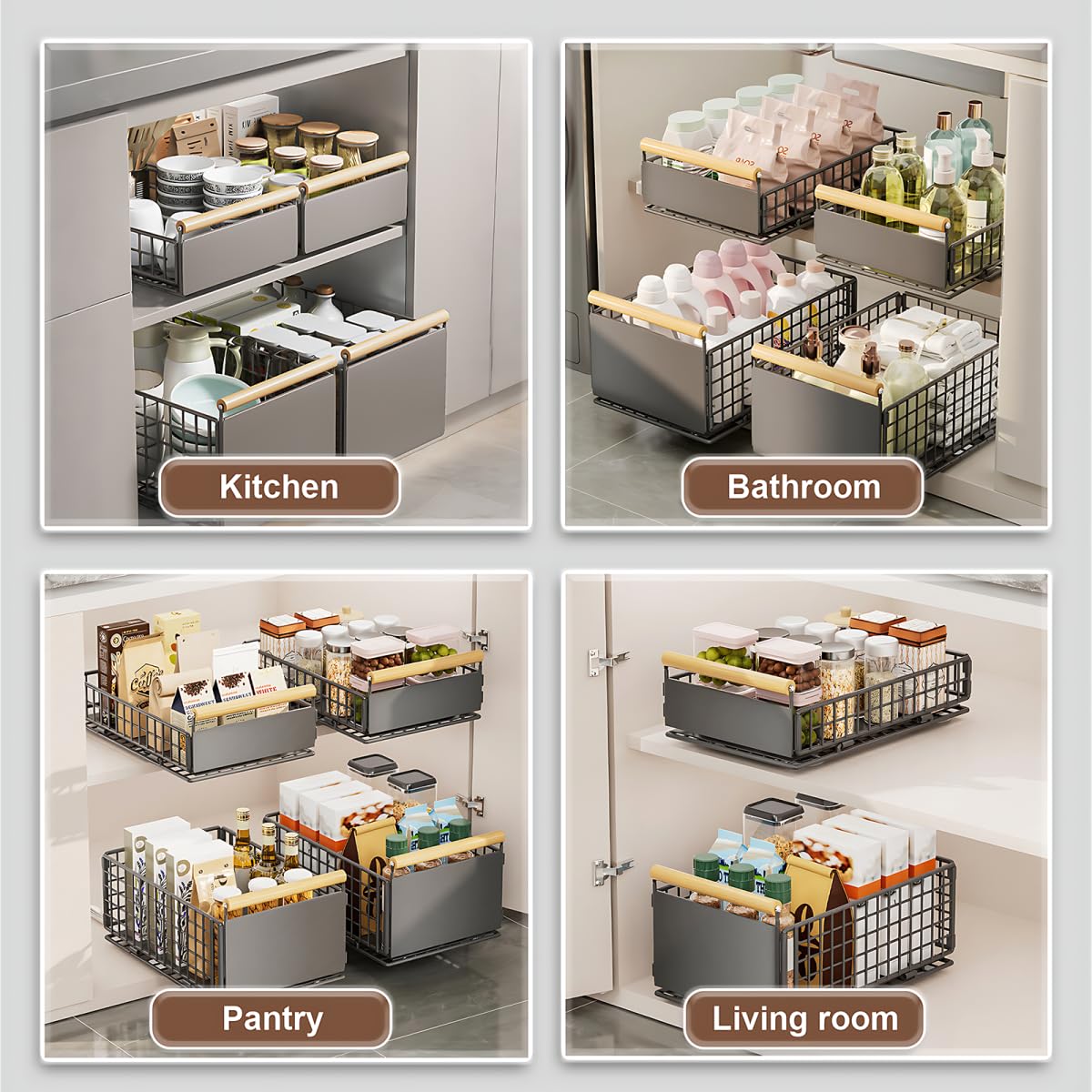Cassetto telescopico, 2 pezzi, pieghevole, estraibile per cassetti, cucina, 23,5 x 11 x 39,5 ~ 56,5 cm, organizer per armadio in metallo, non necessita di foratura, armadio da cucina, grigio
