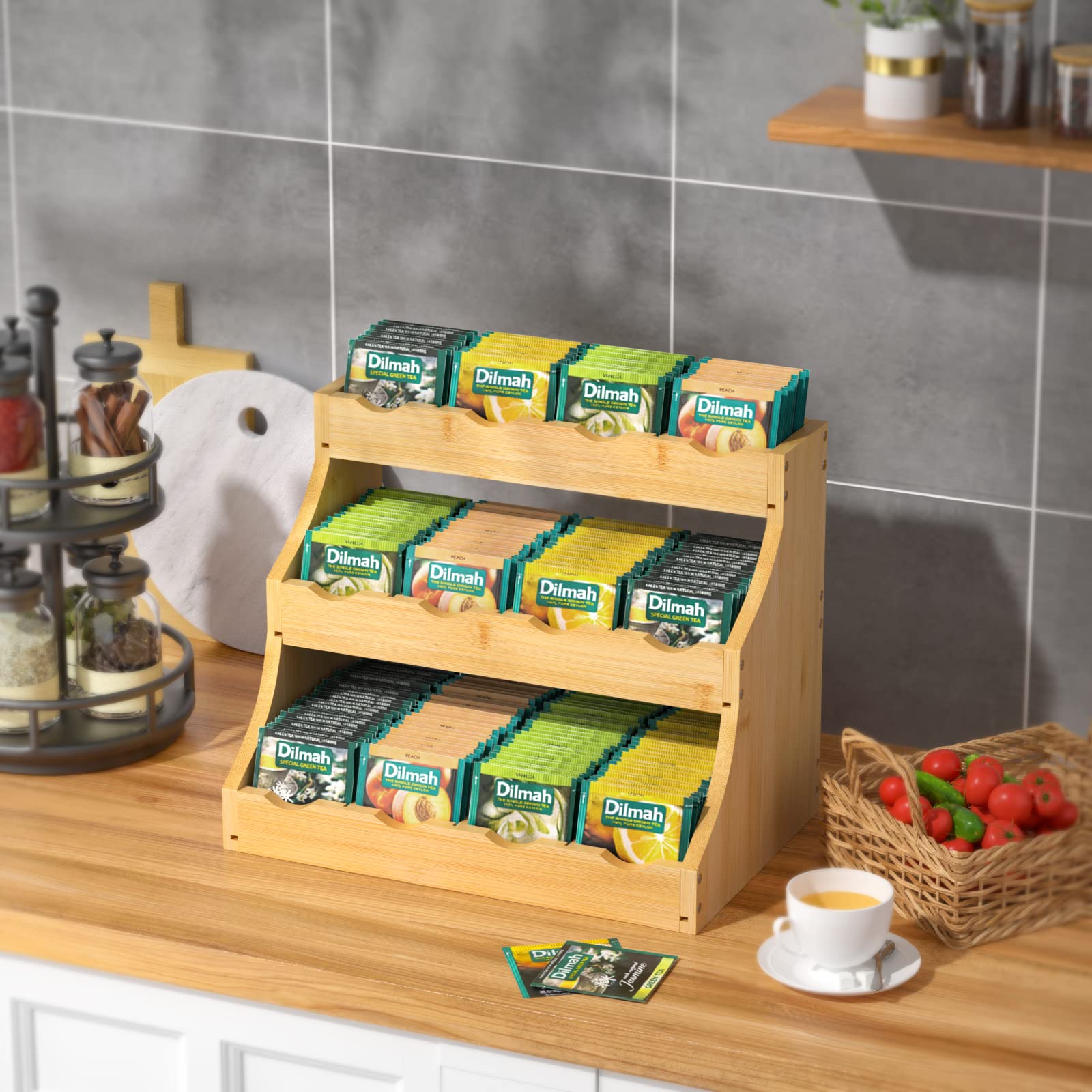 G.a HOMEFAVOR Organizer per bustine di tè in bambù Scatola da tè in Legno Scatola portaoggetti per caffè Porta spezie in Legno per casa, Ufficio o Bar