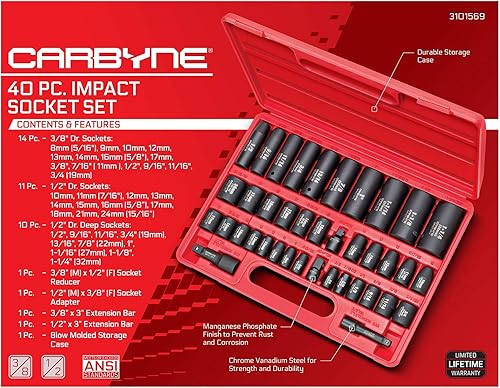 Miniatura 2 de CARBYNE Juego de llaves de impacto de 40 piezas  SAE y métrico - enchufes estándar y profundos. Diseño de 6 puntos. Métrico 0.315 in-1.260 in, SAE