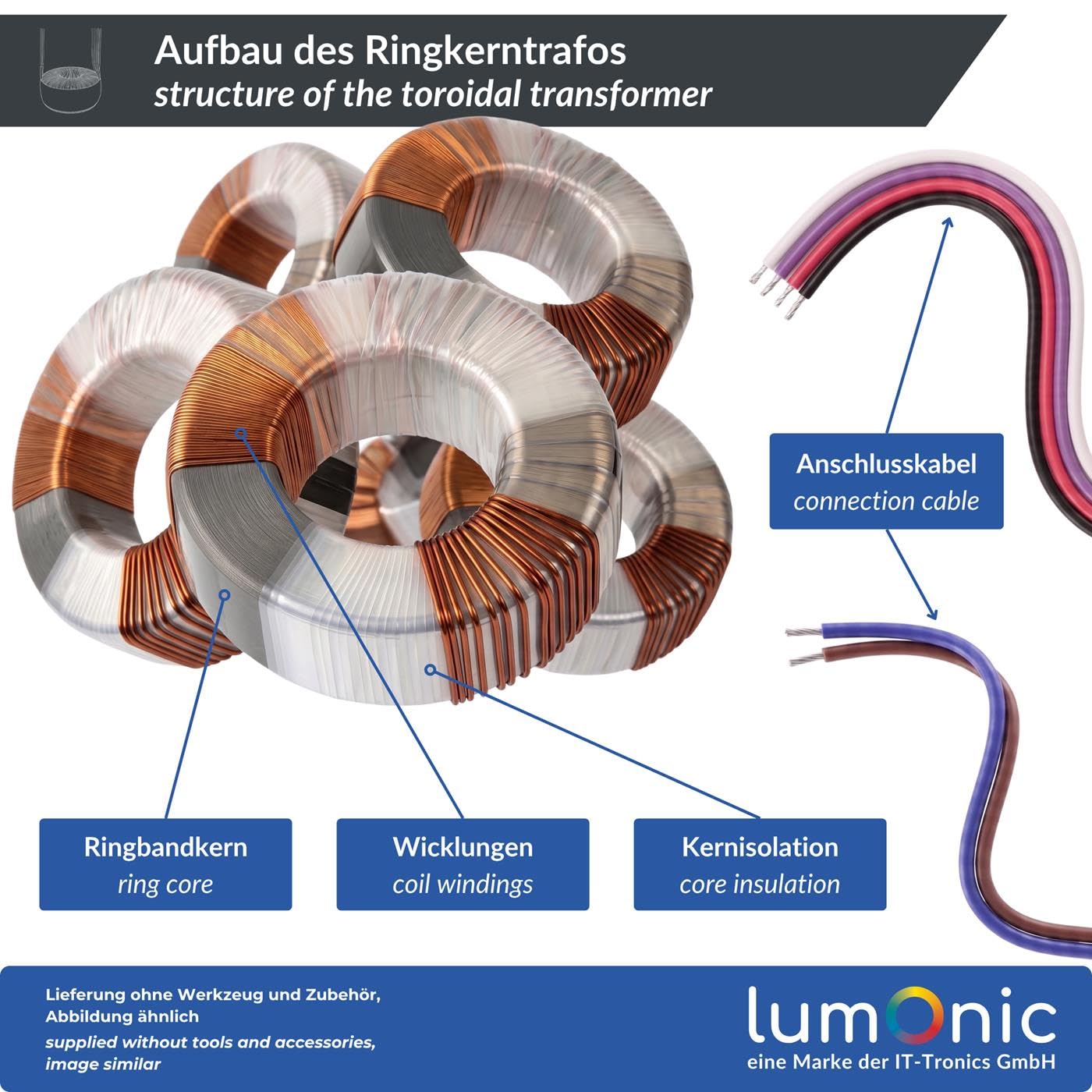 Lumonic Ringkerntrafo, 200 VA, 2x 6 V + 12 V, 230 V - Ringkerntransformator, 230 V Primär, 2x 6 V + 12 V gleichzeitig, für Verstärkerbau, Netzteile, Beleuchtung