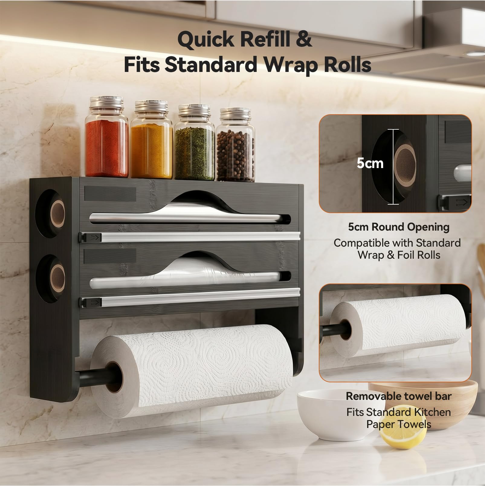 Portarotolo da cucina 3 in 1 in legno, dispenser di pellicola in alluminio e contenitore salvafreschezza, dispenser di pellicola salvafreschezza con coltello scorrevole, porta rotolo da parete da