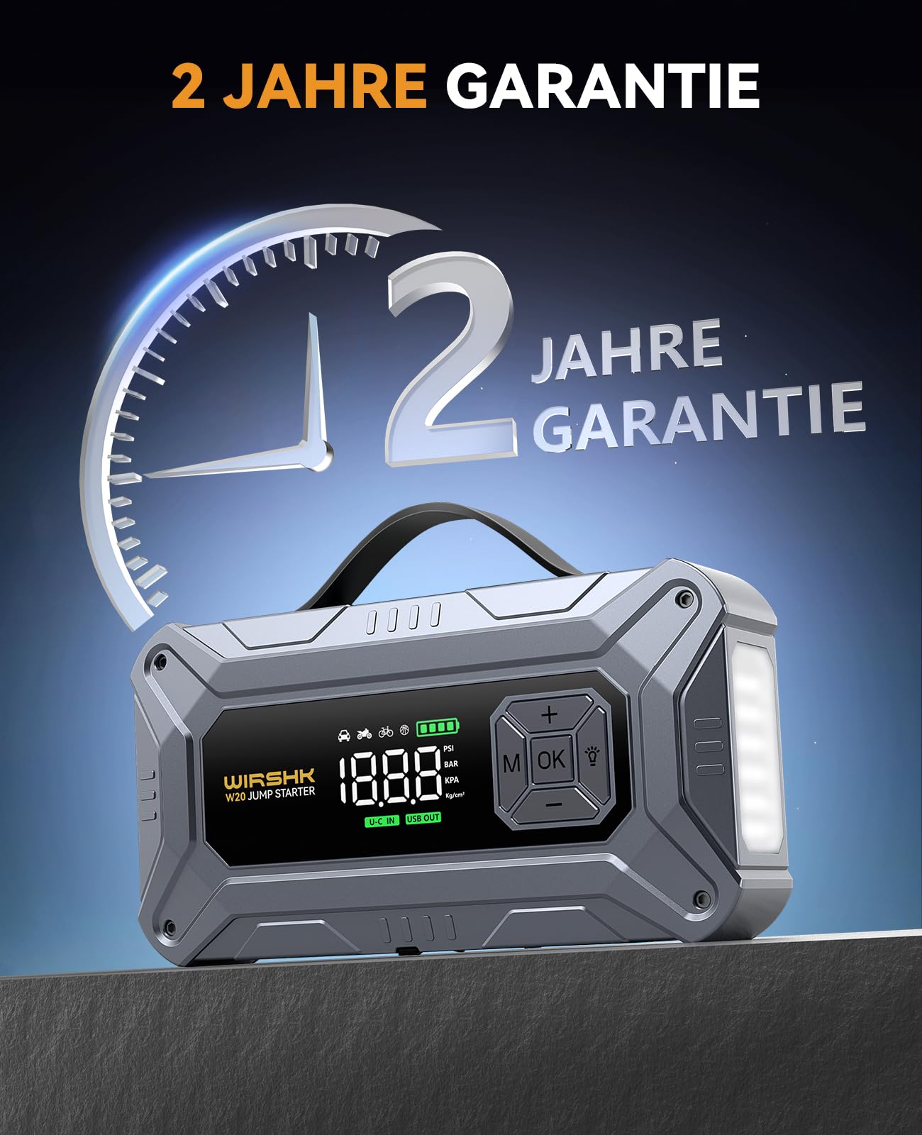 Batterie Booster 8000A, Auto Starthilfe mit 160PSI Luftpumpe für alle Benzinmotoren & bis zu 10L Diesel, mit Display und Notleuchte | Für alle Benzin & 10L Diesel, 27000mAh, Starthilfekabel, EVA-Tasche, Display, LED-Lampe, Motorrad, SUV