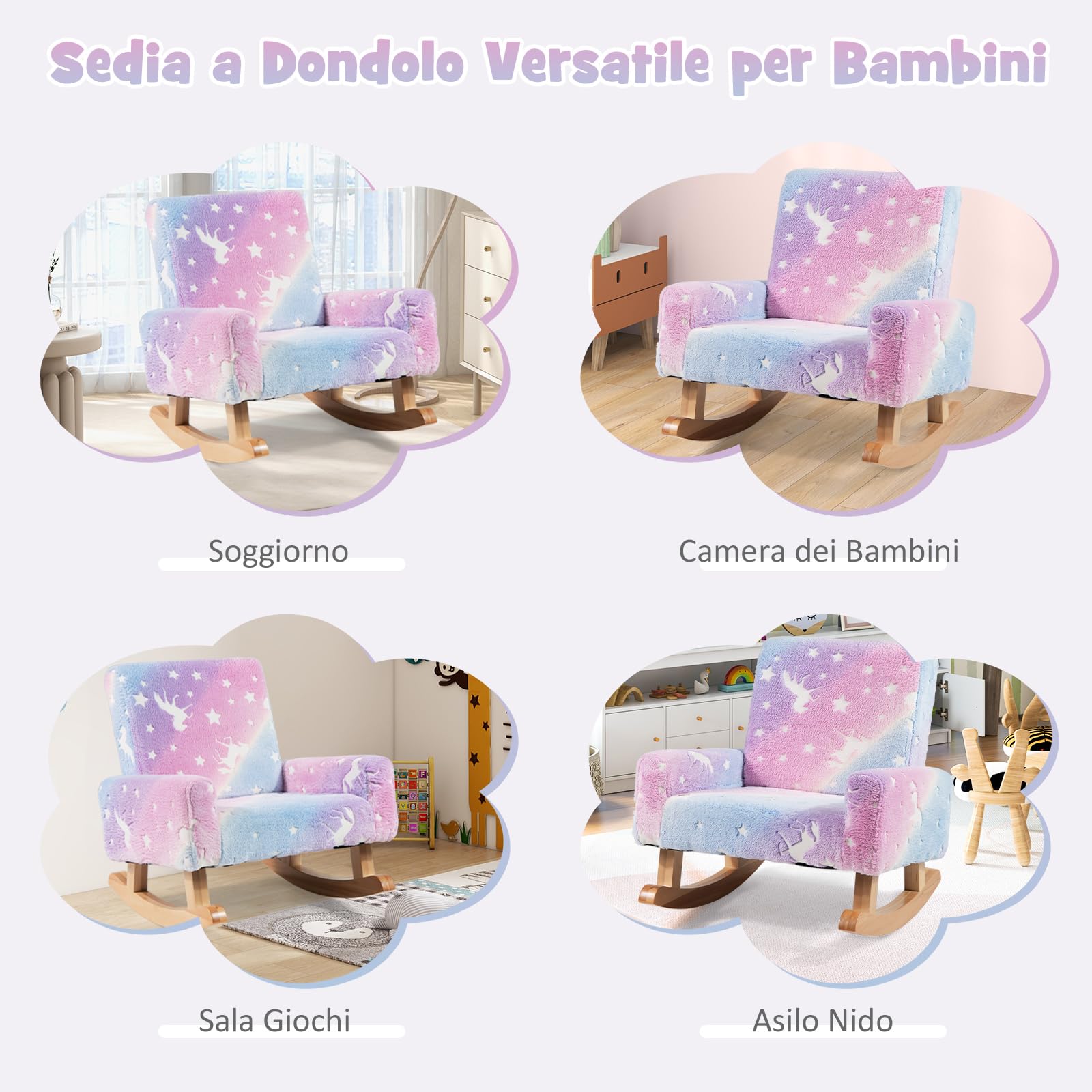 COSTWAY Sedia Dondolo per Bambini da 3 a 5 Anni, Poltrona in Flanella con Piedi a Dondolo in Legno, Motivi che si Illuminano al Buio,56 x 49 x 50 cm, Blu e Viola