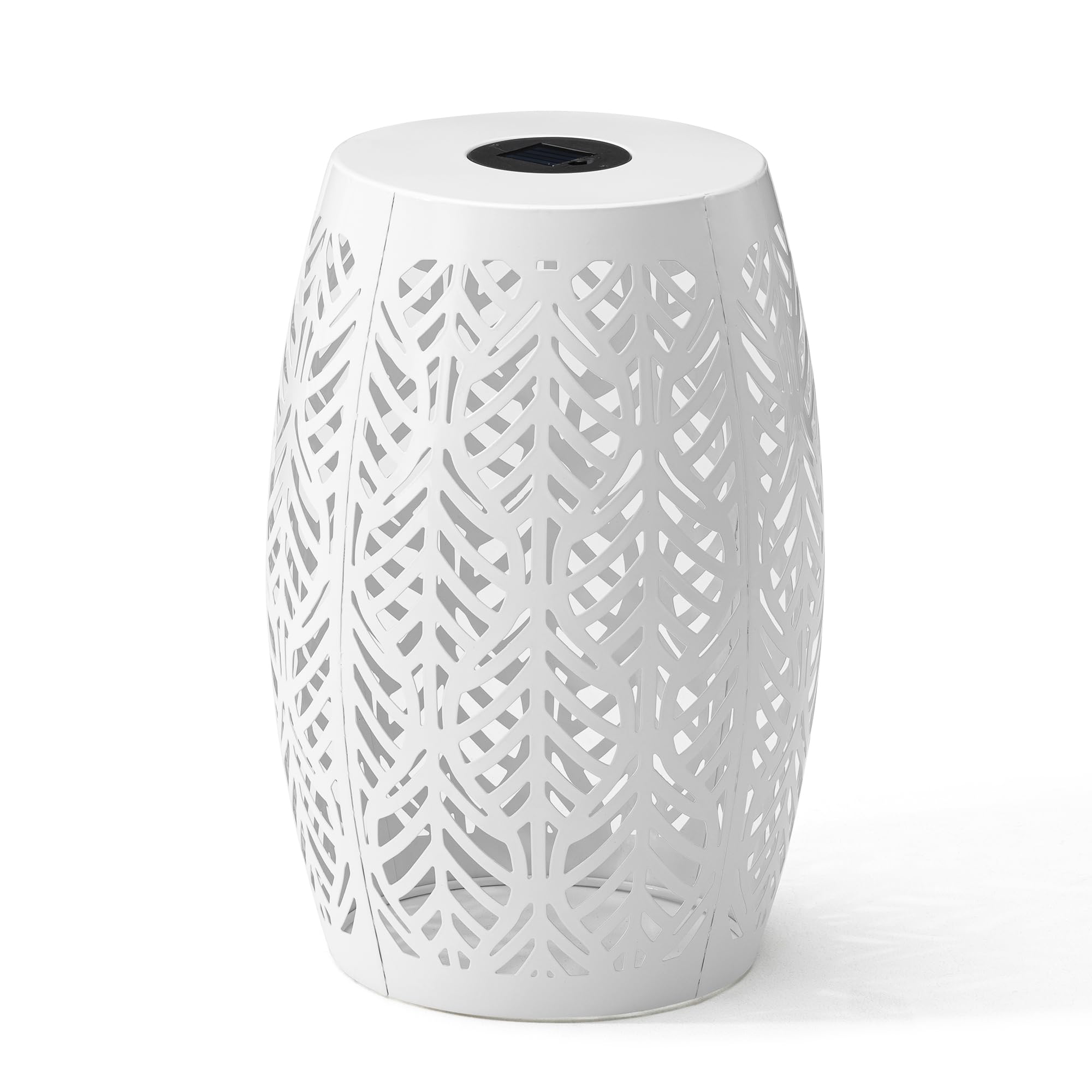 Glitzhome 18.25" H White Iron Cutout Leaf Pattern Garden Stool, Metal Drum Silhouette Outdoor Side Table with Solar Powered Light, Solar Powdered
