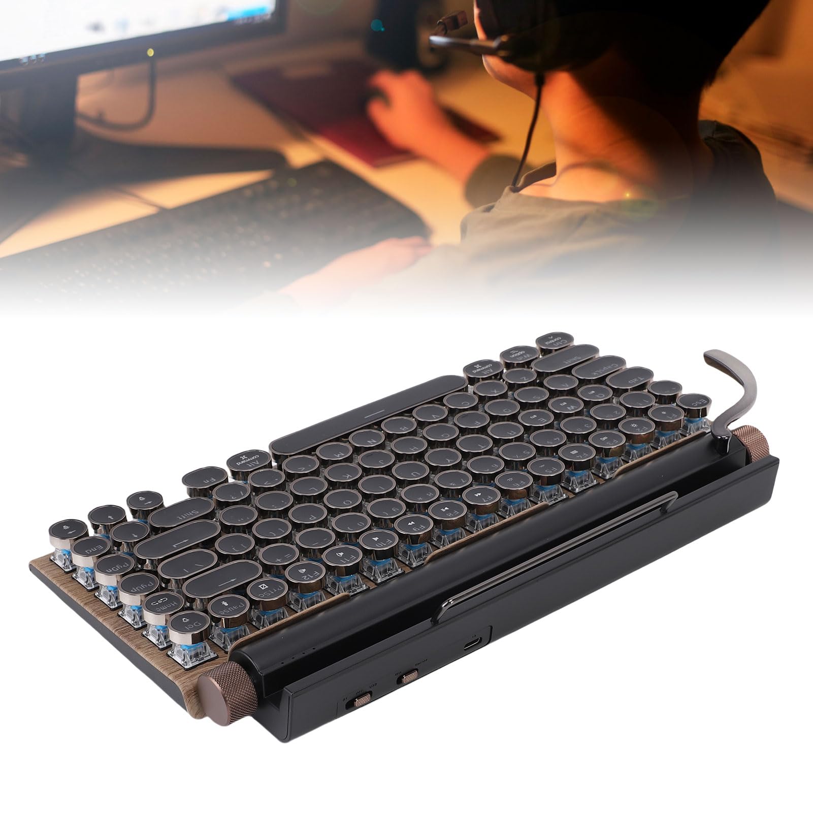 LICAEVEY Tastiera da Scrivere Wireless, Tastiera Meccanica retrò Calda, Tastiera Meccanica di Tastiera Rotonda Bt con 14 modalità Retroilluminata per Telefono Tablet (Colore di legno)