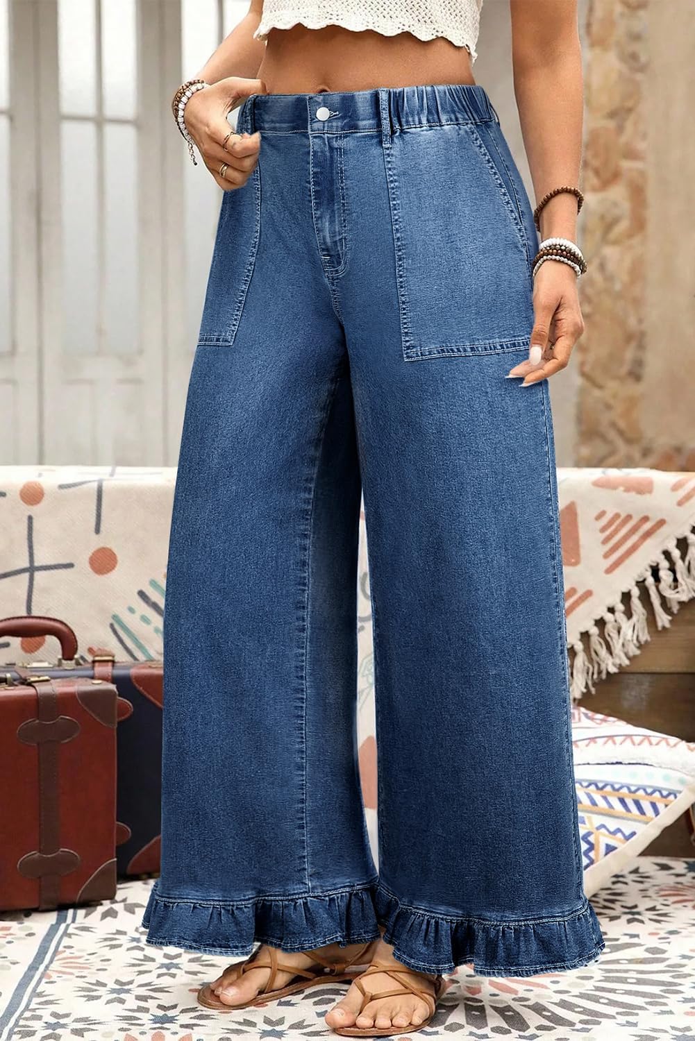 Apvirdy Elastic Waist Jeans for Women Plus Size Ruffled Wide Leg Denim Pants Solid Color Baggy Jean with Big Pockets