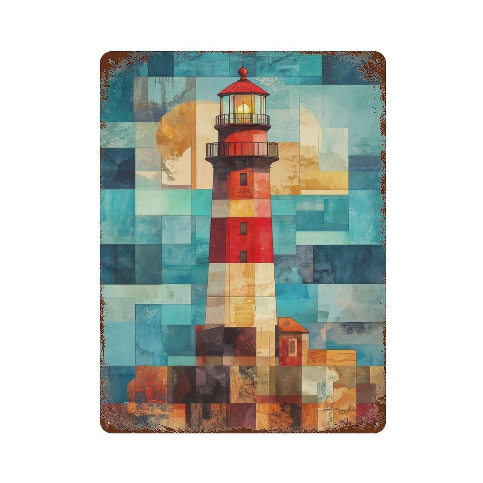 Rust Effect Lighthouse in Geometric Art Modern Coastal Art Decorative Tin Sign 15.7"x11.8", Farmhouse Wall Decor for Patio, Garden Room And Bar Decor
