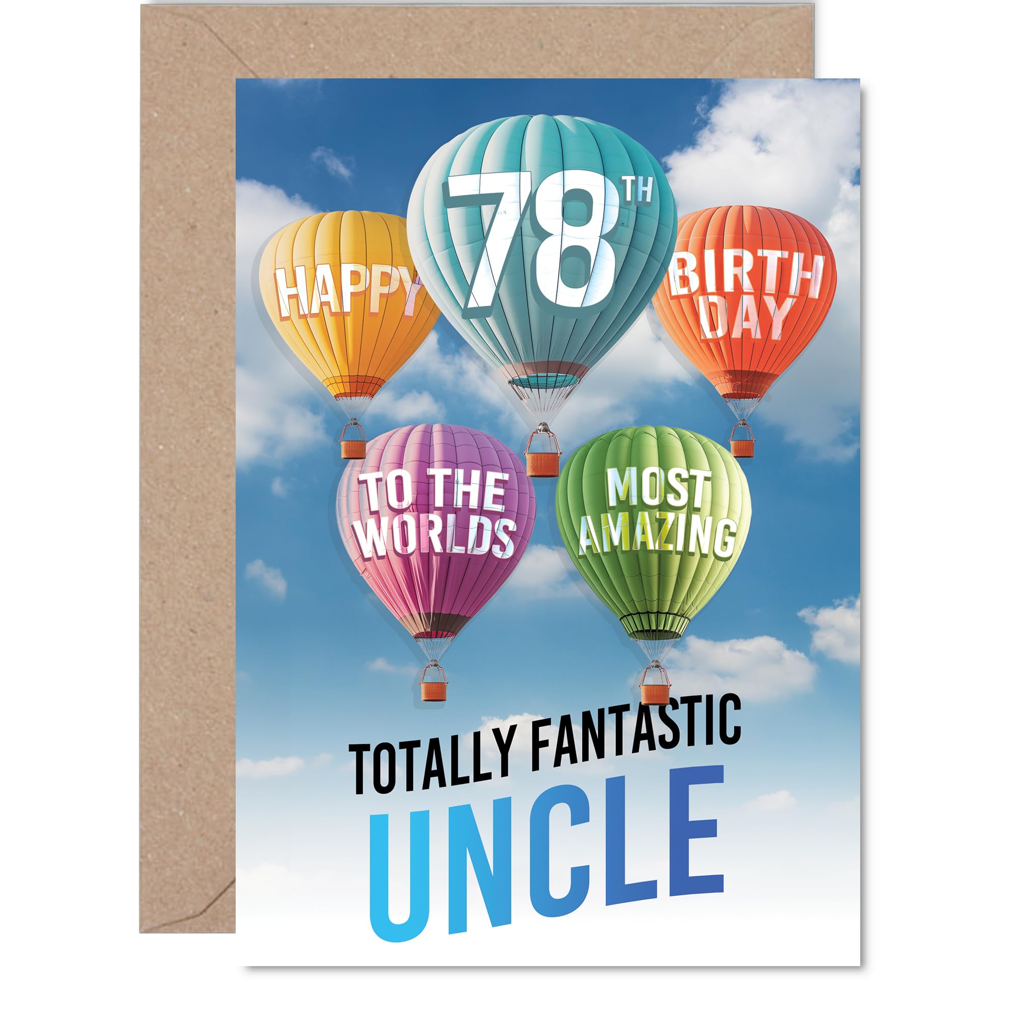 Uncle 78th Birthday Card - Most Amazing Hot Air Balloon - Happy Birthday Card for 78 Year Old Uncle from Nephew Niece, A5 Balloons Stars Bday Greeting Cards