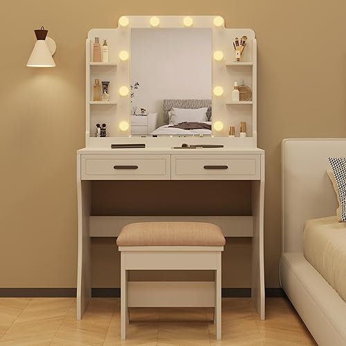 Miniatura 9 de Tocador de maquillaje con luces, escritorio blanco con espejo y luces, mesa de tocador con luces con espejo con luces y cajones, espejo de tocador