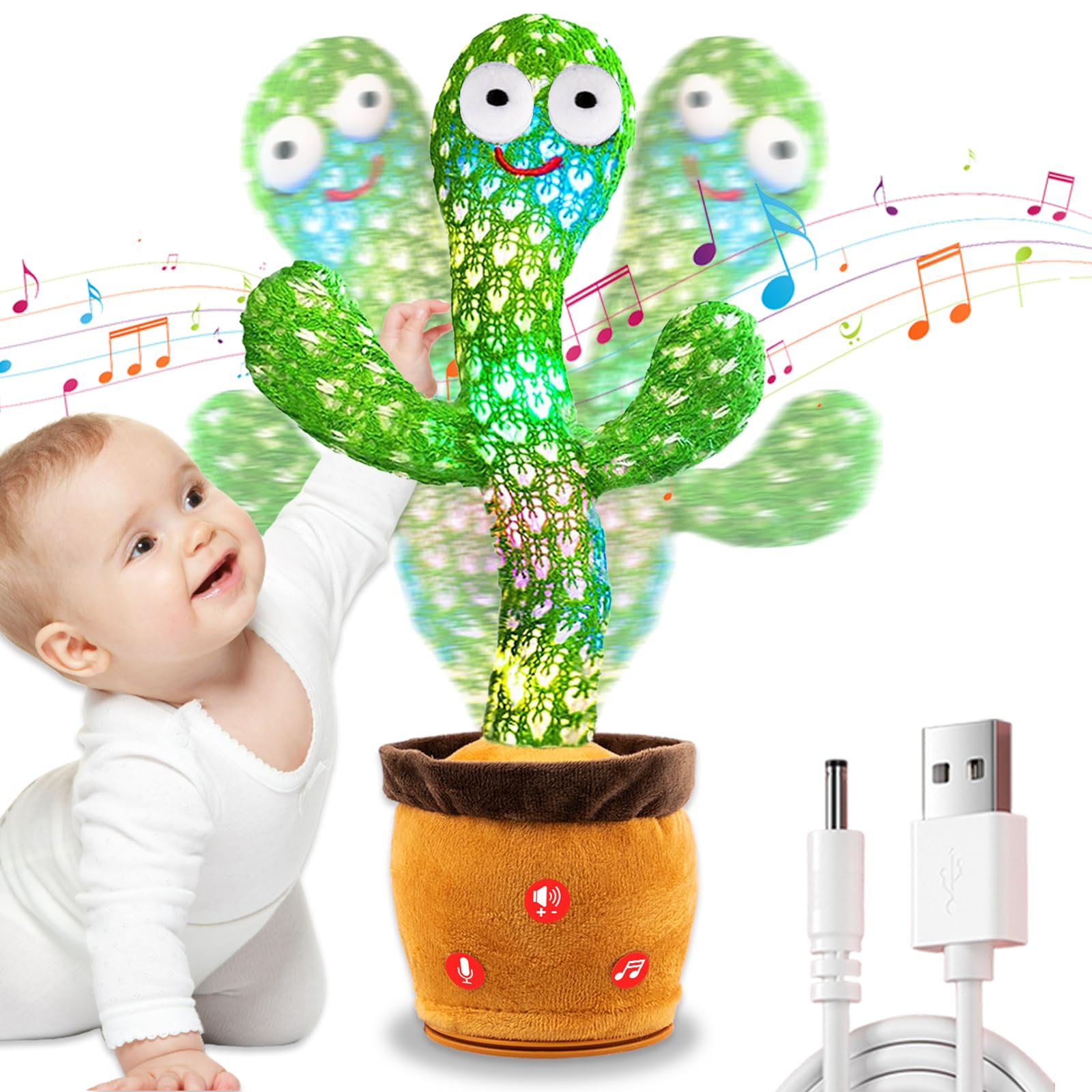 Rechargeable Dancing Talking Cactus Plush Toy for Kids - Volume Adjustable Mimicking and Singing Cactus with Music & Light - Funny Birthday Gifts for Years Old Boy Girl