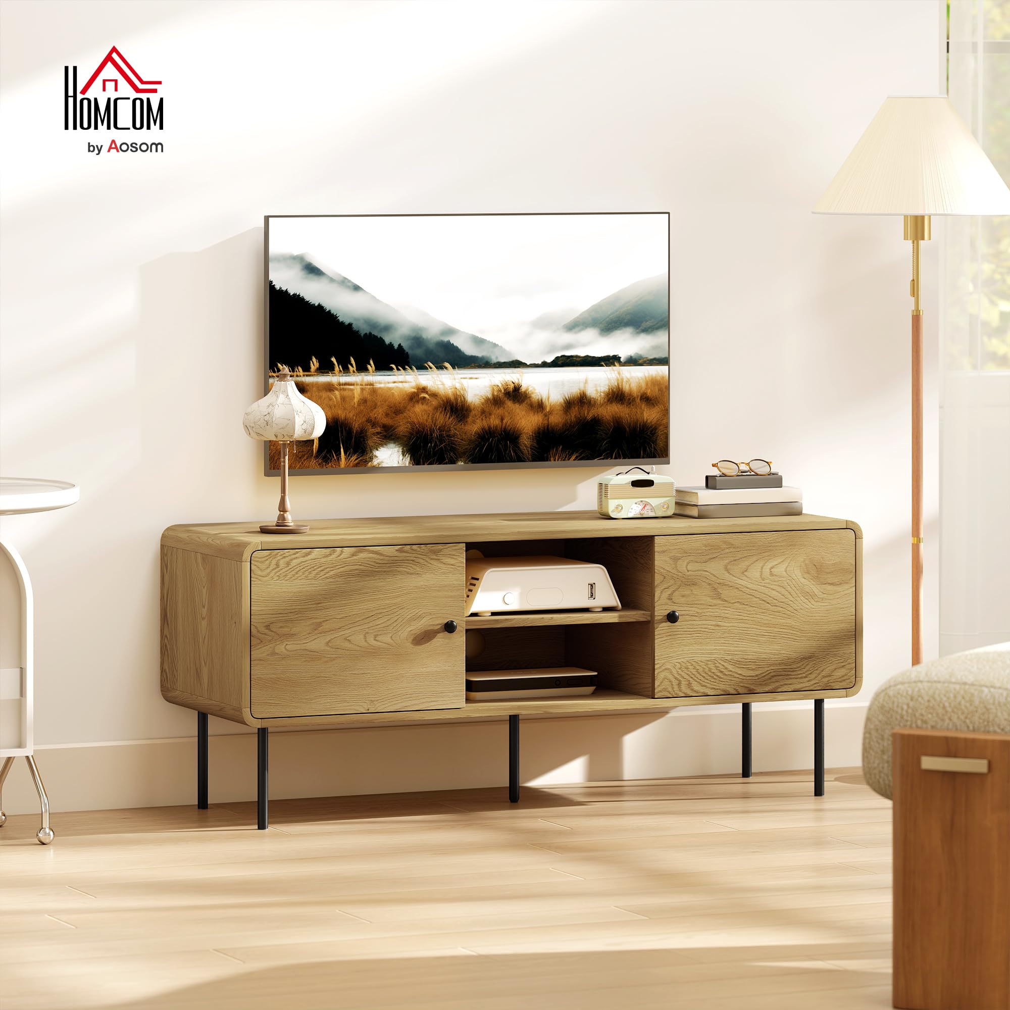 HOMCOM Meuble TV 120 cm avec Coins Arrondis, 55 Pouces, chêne | Passe-câbles, 2 Compartiments Ouverts, Pieds en Acier, Banc TV Moderne, Salon, Chambre à Coucher