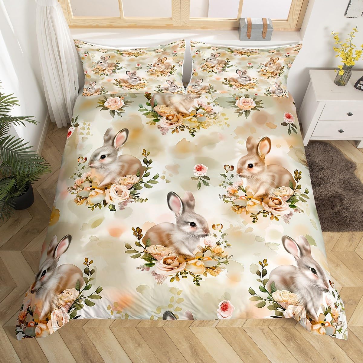 Erosebridal Gray Rabbit Duvet Cover for Kids Cute Floral Bunny Comforter Cover Toddler,Rustic Farm Flowers Bedding Set,Yellow