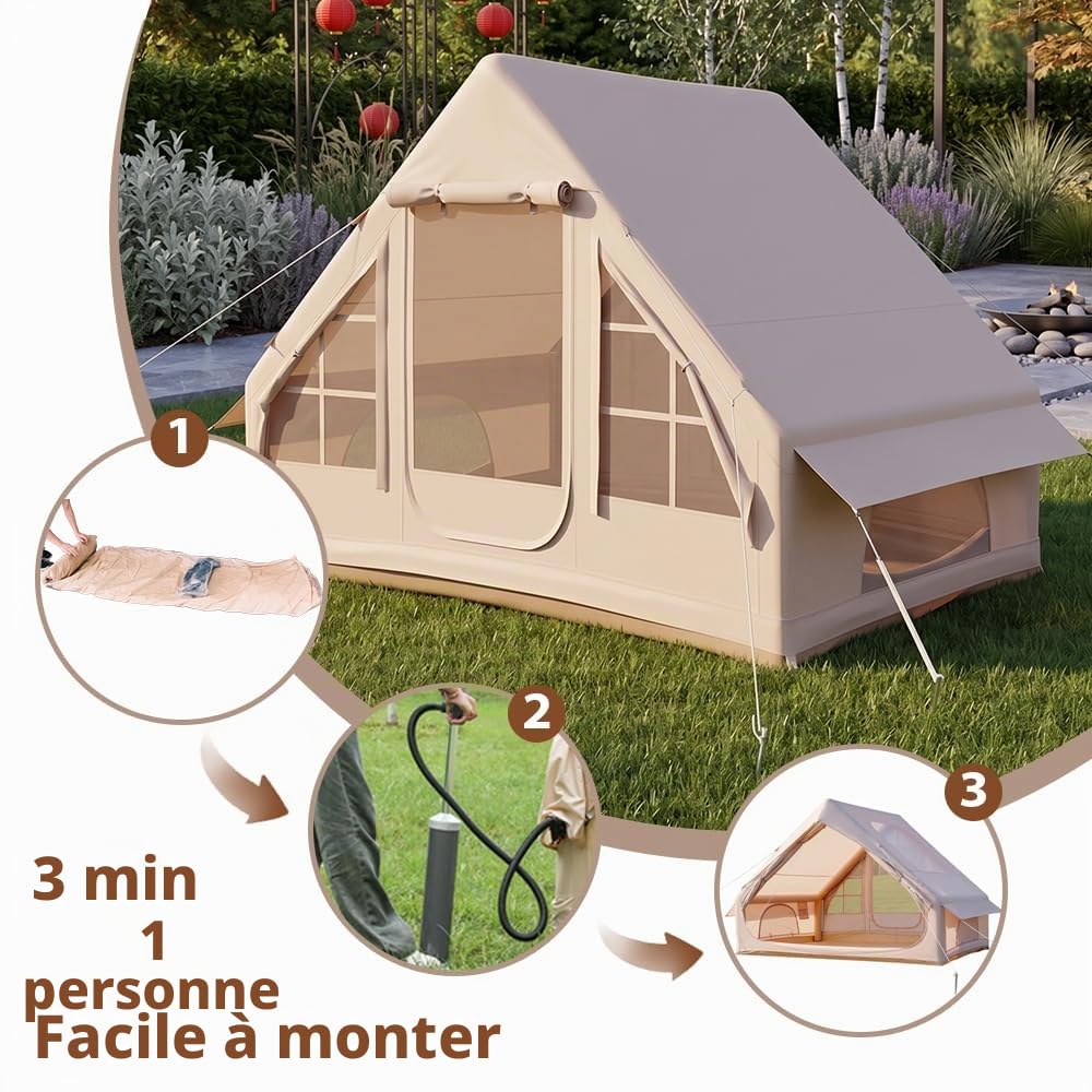 Tente de camping gonflable avec fenêtre de toit - Tente gonflable pour 2 à 4 personnes - Avec pompe à air - Tente gonflable en tissu Oxford imperméable pour les saisons - Montage rapide - Tente