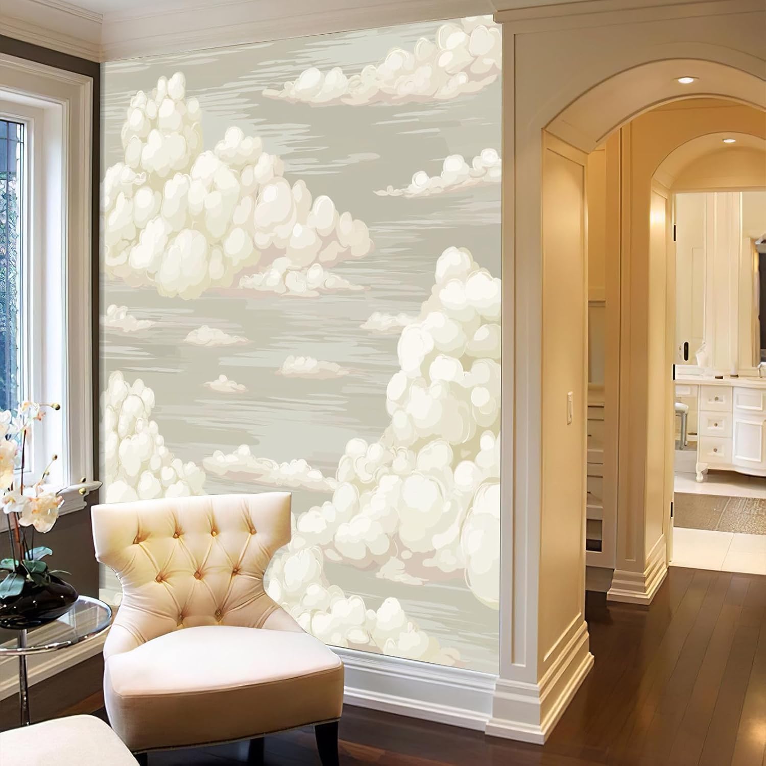 Sky with White Clouds 3D Large Photo Wallpaper - Hand-Drawn Style Wall Murals Picture Art Decor Mural Wallpaper for Living Room Bedroom Tv Background Office Decor - 108" Wx 75" H Beige Gray