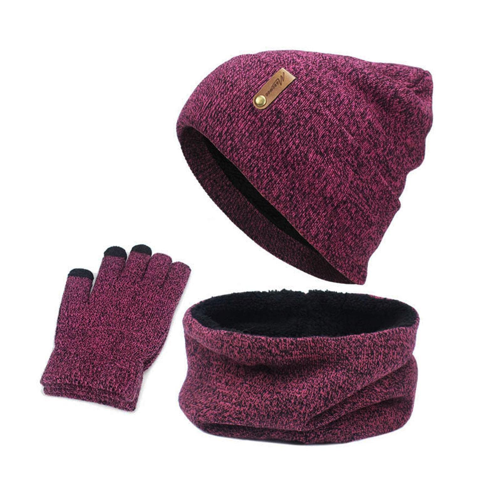 Women Winter Beanie Hat Scarf Hat Knitted Gloves Fleece Lining Rose red-image-49