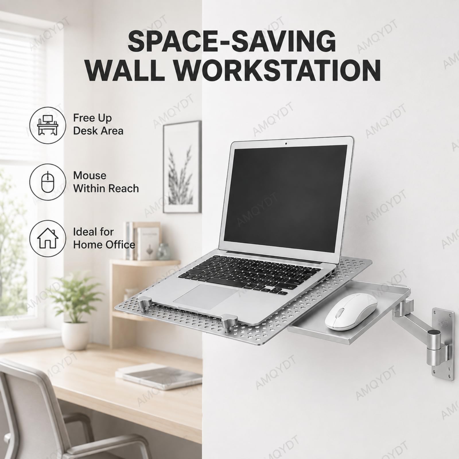 Supporto Da Parete Per Laptop, Supporto Pieghevole Con Vassoio Per Mouse Rimovibile, Capacità Di Carico 8 Kg, Rotazione A 360°, Inclinazione A 135°, Piattaforma Ventilata E Braccio Pieghevole Per