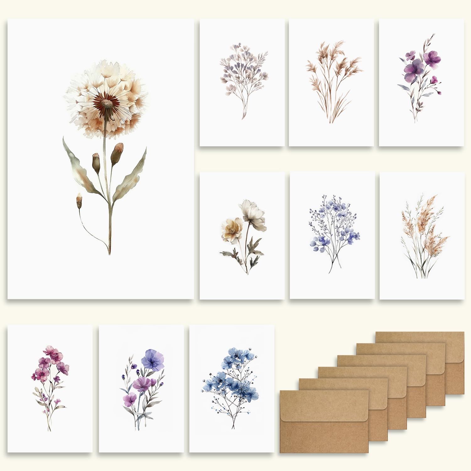 WEIZHEN 20Pcs Blank Cards and Envelopes 4x6 - Watercolor Floral Greeting Cards Set - Single Flower Design - Versatile Blank Note Cards for All Occasions