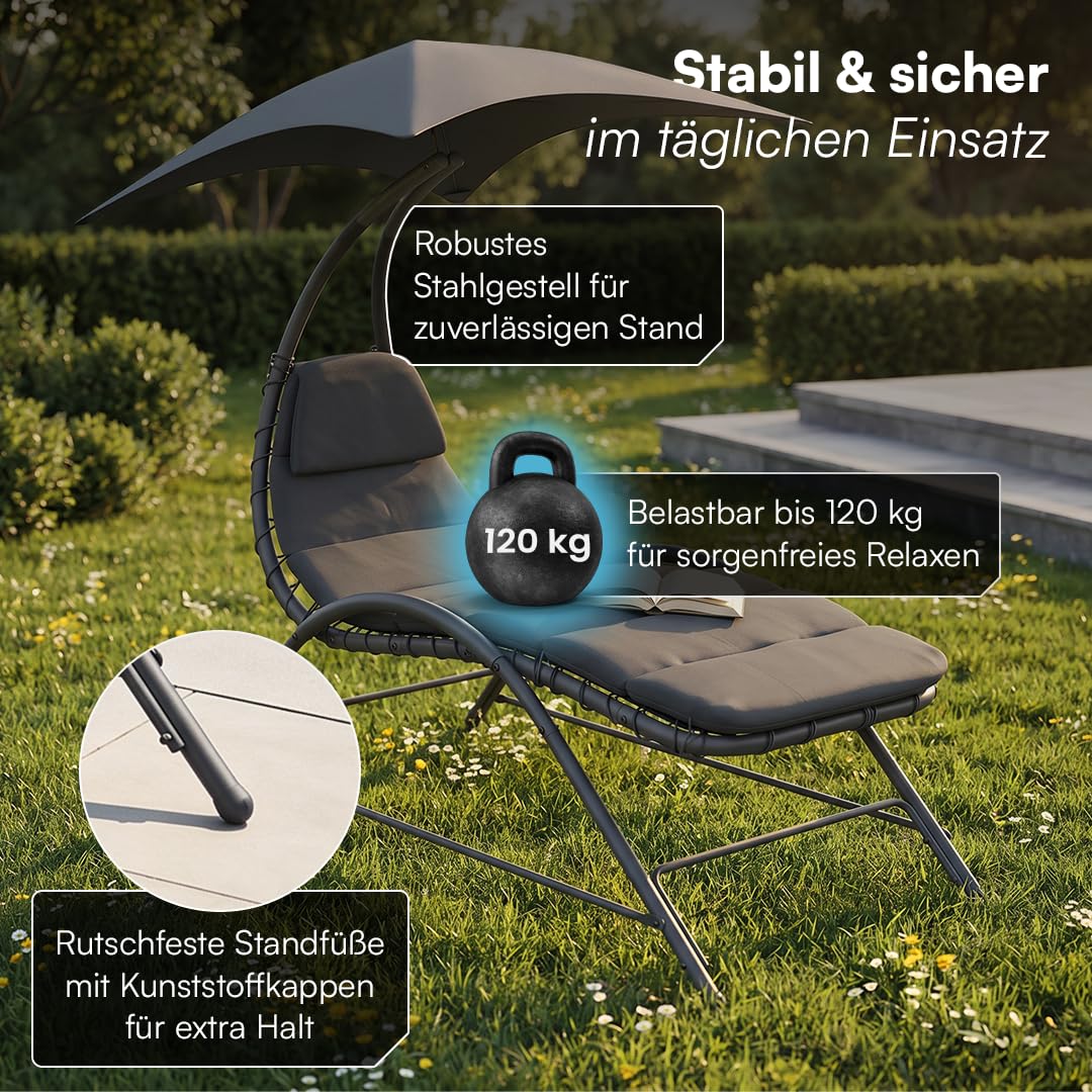 STEELSØN Nyria Sonnenliege mit Kissen Anthrazit – Gartenliege verstellbares Sonnendach – Liegestuhl bis 120 kg – Balkonliege wetterfest – Relaxliege großzügige Liegefläche – Outdoor Liege mit Gestell