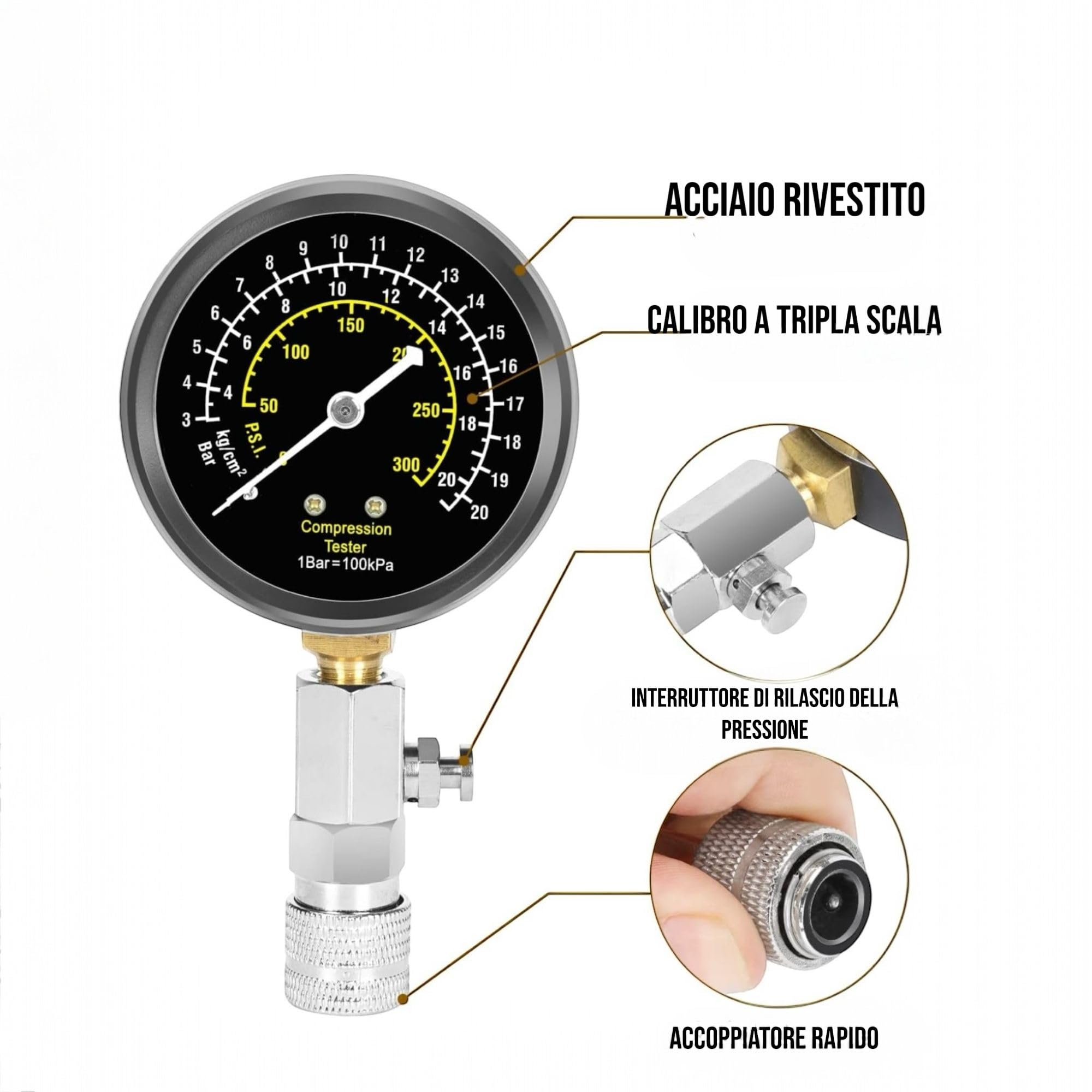 Tester di Compressione, Motori Manometri Compressione, Benzina Motore a Gas Cilindro Compressione Tester Kit con Custodia in Plastica FS-13828