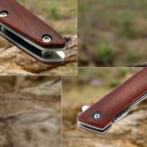 Miniatura 4 de ALBATROSS EDC - Cuchillo de bolsillo plegable delgado VG10 de Damasco hoja de Damasco de 35 pulgadas mango de sándalo amarillo de 45 pulgadas caja