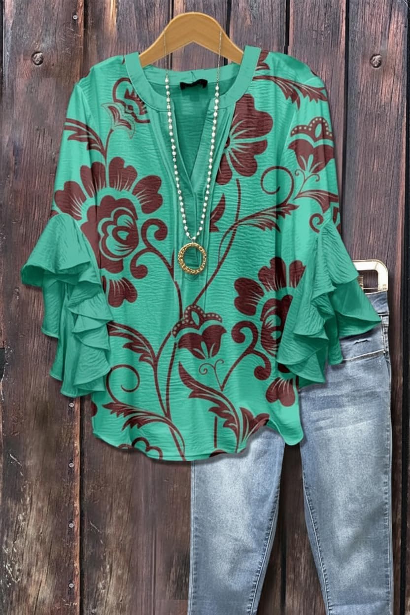 Women’s V Neck Batwing Sleeve Chiffon Blouses Loose Fit Half Button Floral and Vintage Print Tops for Casual Wear - Image 2