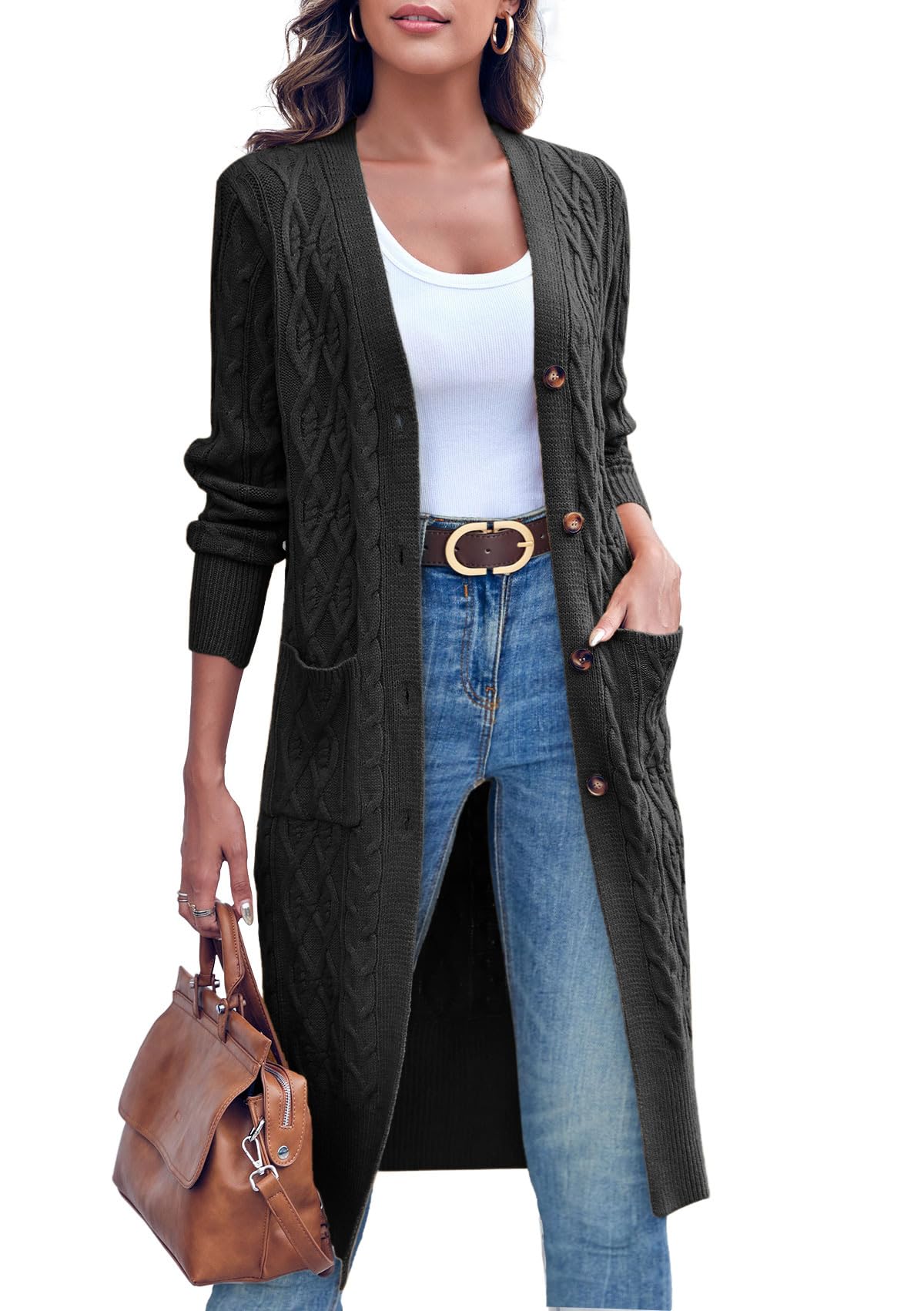 Imily Bela Strickjacke Damen Lang Zopfmuster Open Front Cardigan Langarm Herbst Winter Strickcardigan mit Taschen