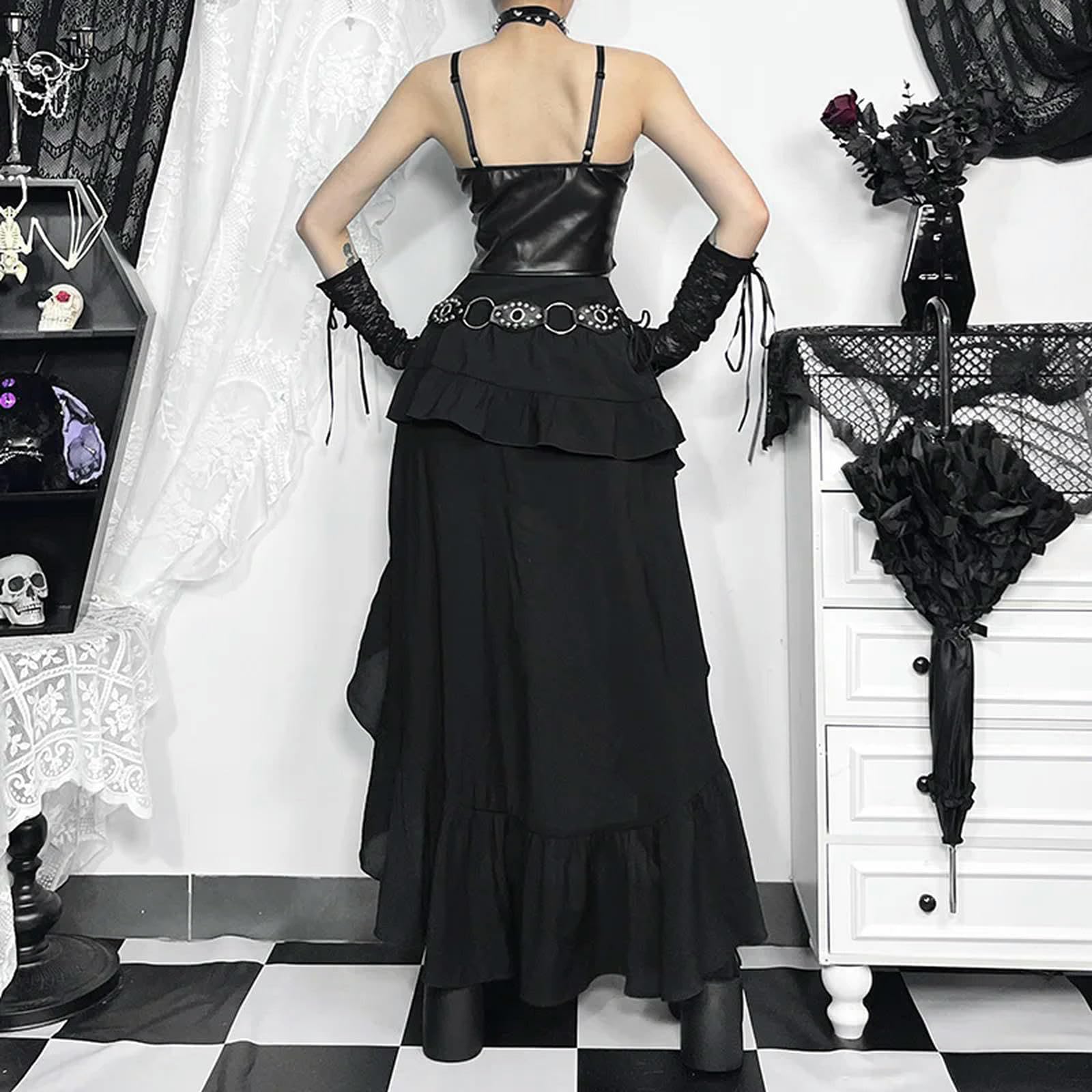 Falda Negra Alta con Volantes, Estilo Harajuku, gótica, Irregular, Larga, Estilo Rock, Ropa de Calle, Negra, L