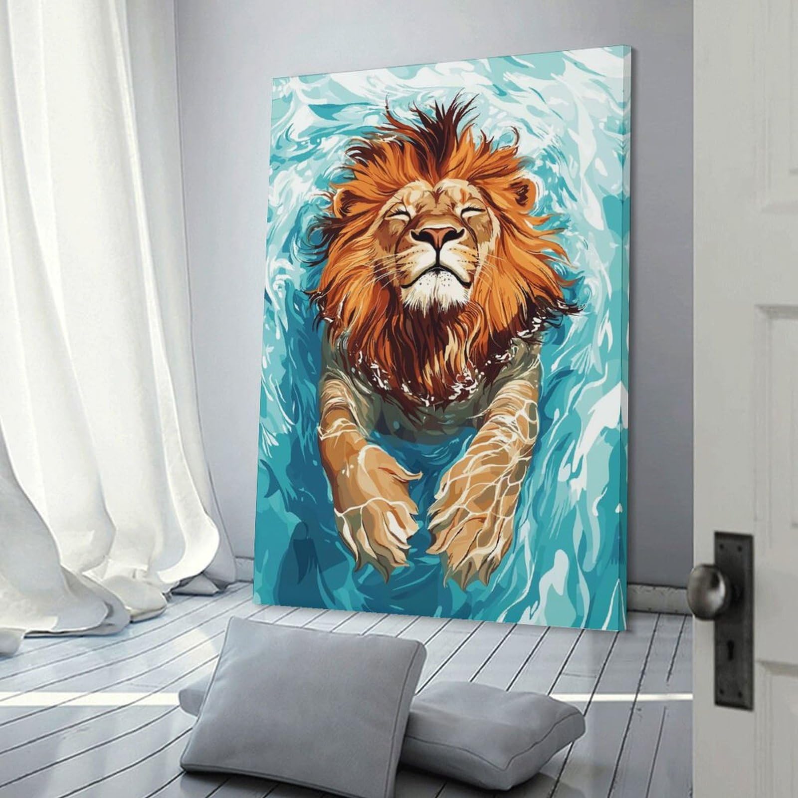 Junmoney Lion Swimming in Blue Water Room Decor Wall Art 24x36inch(60x90cm), for Bedroom Walls, Guest Spaces Or Lounges, An Easy Wall Refresh for Bedrooms