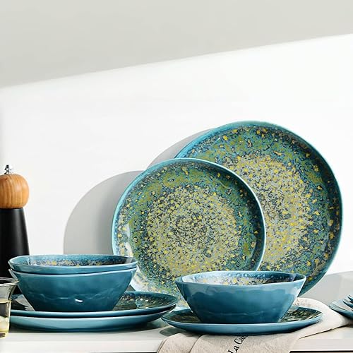 Miniatura 10 de Juego de vajilla de melamina, juego de 12 platos para 4, platos y tazones, para exteriores, apto para lavavajillas, sin BPA (estilo retro) retro
