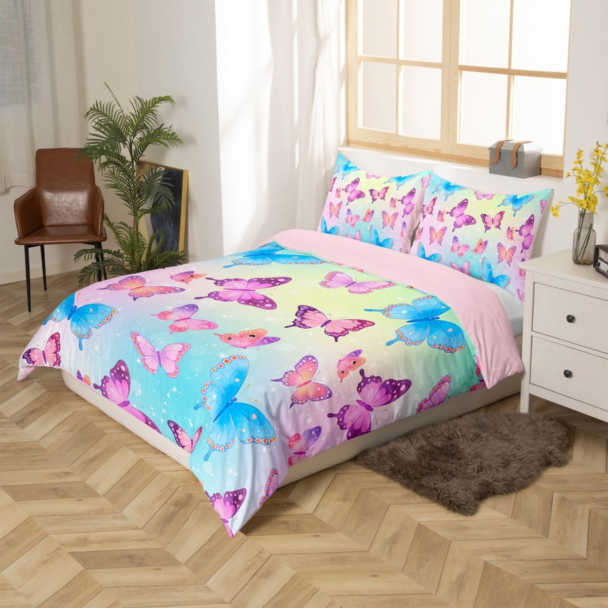 Homewish Set di biancheria da letto super king size per bambini, ragazzi e adulti, con copripiumino con farfalle blu e viola, elegante set di biancheria da letto sfumato con stelle