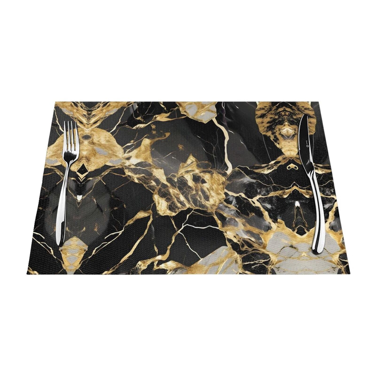 Placemats Set of 6,Table Mats Washable Placemat Decoration, Black Marble Texture Golden Print