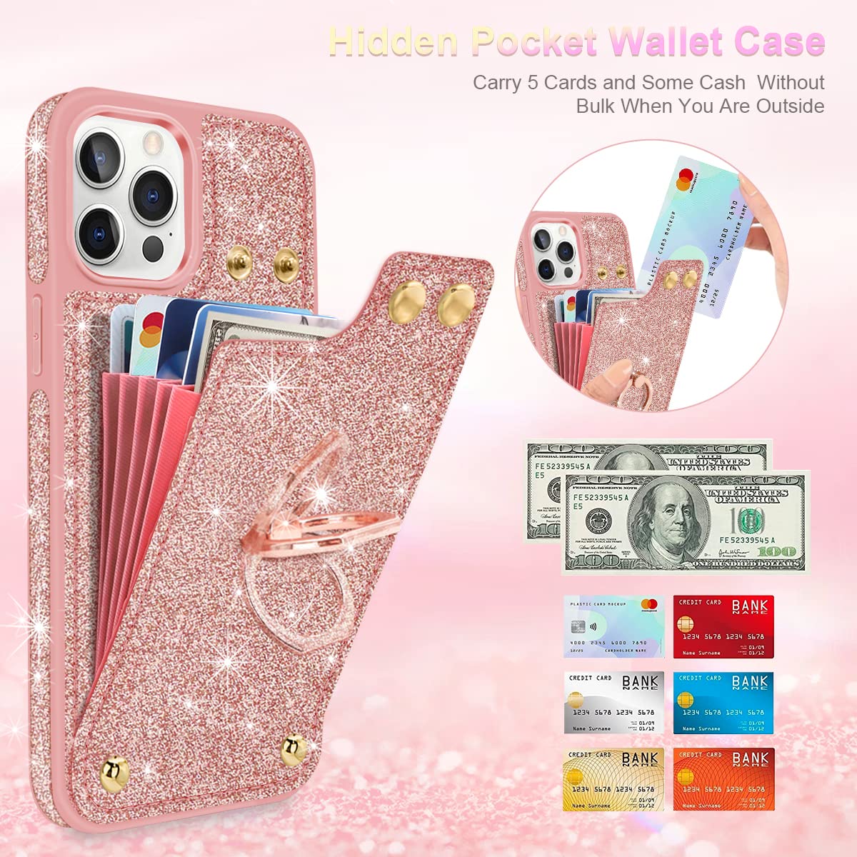 Fingic iPhone 12 Pro Max Case Wallet with [ 1*Screen Protector+1*Camera Protector ] 360°Ring 5 Card Holder Glitter Sparkle Kickstand RFID Blocking Protective Case for iPhone 12 Pro Max,6.7