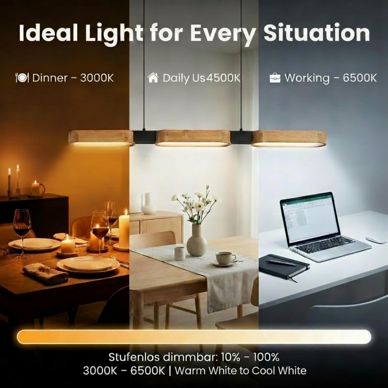 Lámpara de cocina moderna de madera, 90 cm, lámpara LED para comedor e isla cocina, regulable 3000K-6500K con mando a distancia y función de memoria
