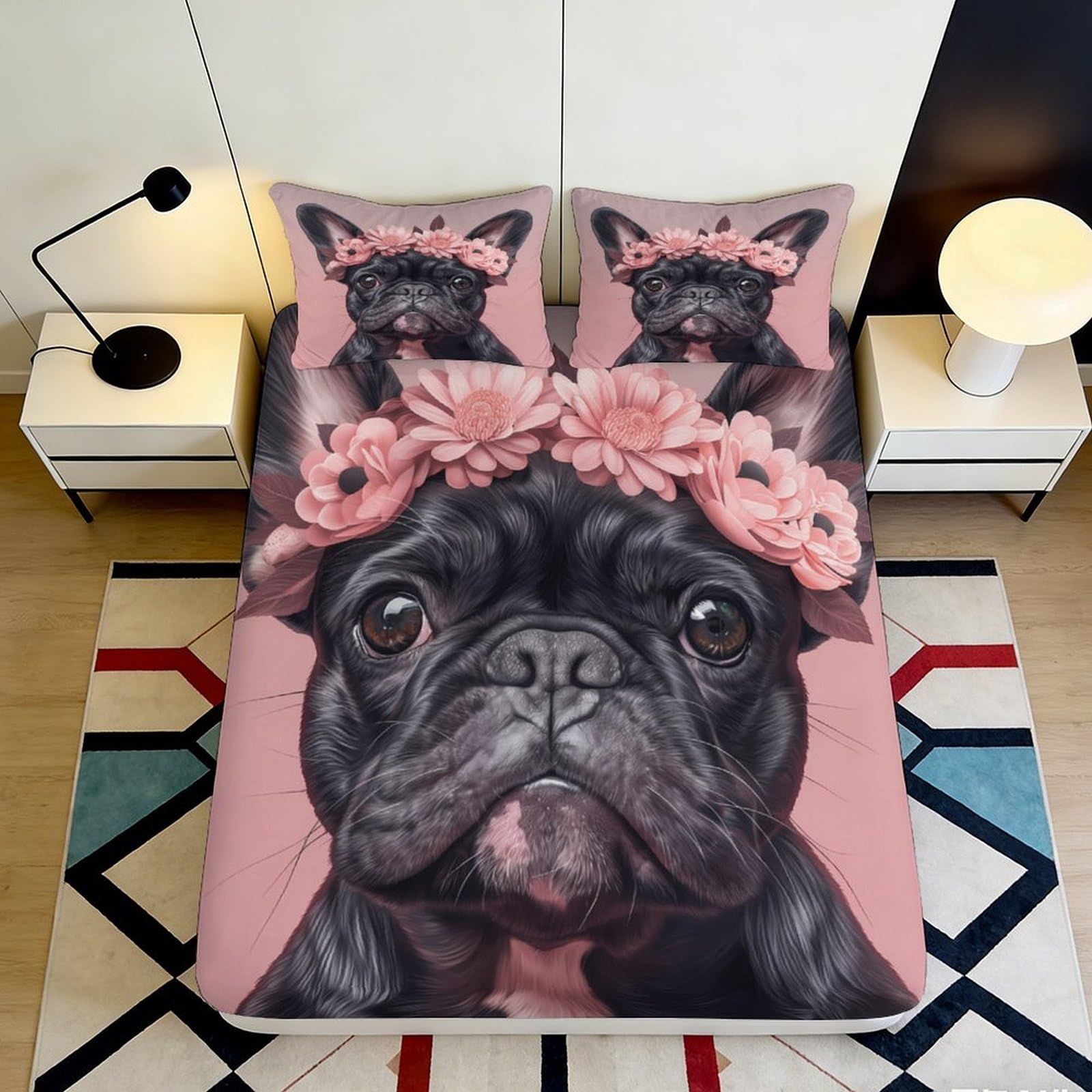 Pnayamiorkfel Style-6 3D Printed French Bulldog Flower Fitted Sheet Microfiber Pink Bed Cover For Bedroom Decor Dorm Mattress Protection 90X200x25cm