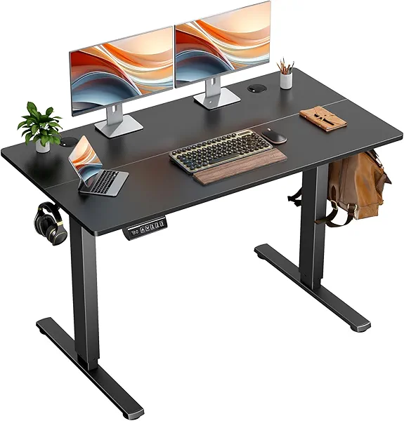 DUMOS Height Adjustable Standing Desk Black Gaming Table Electric Rising Lift, Ergonomic Sit Stand Computer Desktop with Wood Top Side Hooks, Modern Workstation for Study Home Office, 48''×24''