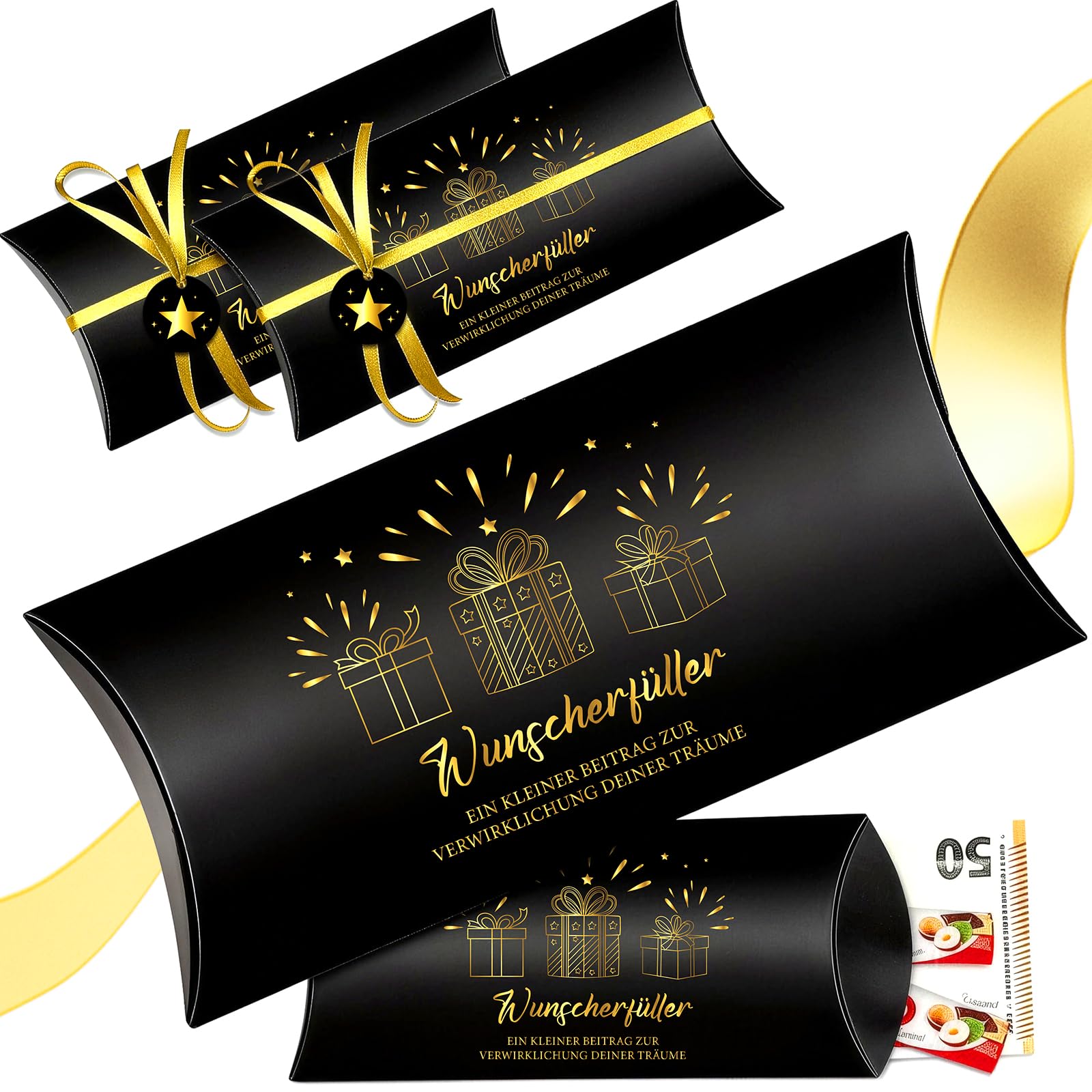 WenmthG Geburtstag Geldgeschenk Box 8er Set – Wunscherfüller Geschenkverpackung für Geld & Gutschein, Schwarz Gold mit Heißfolienprägung, mit Band & Anhänger