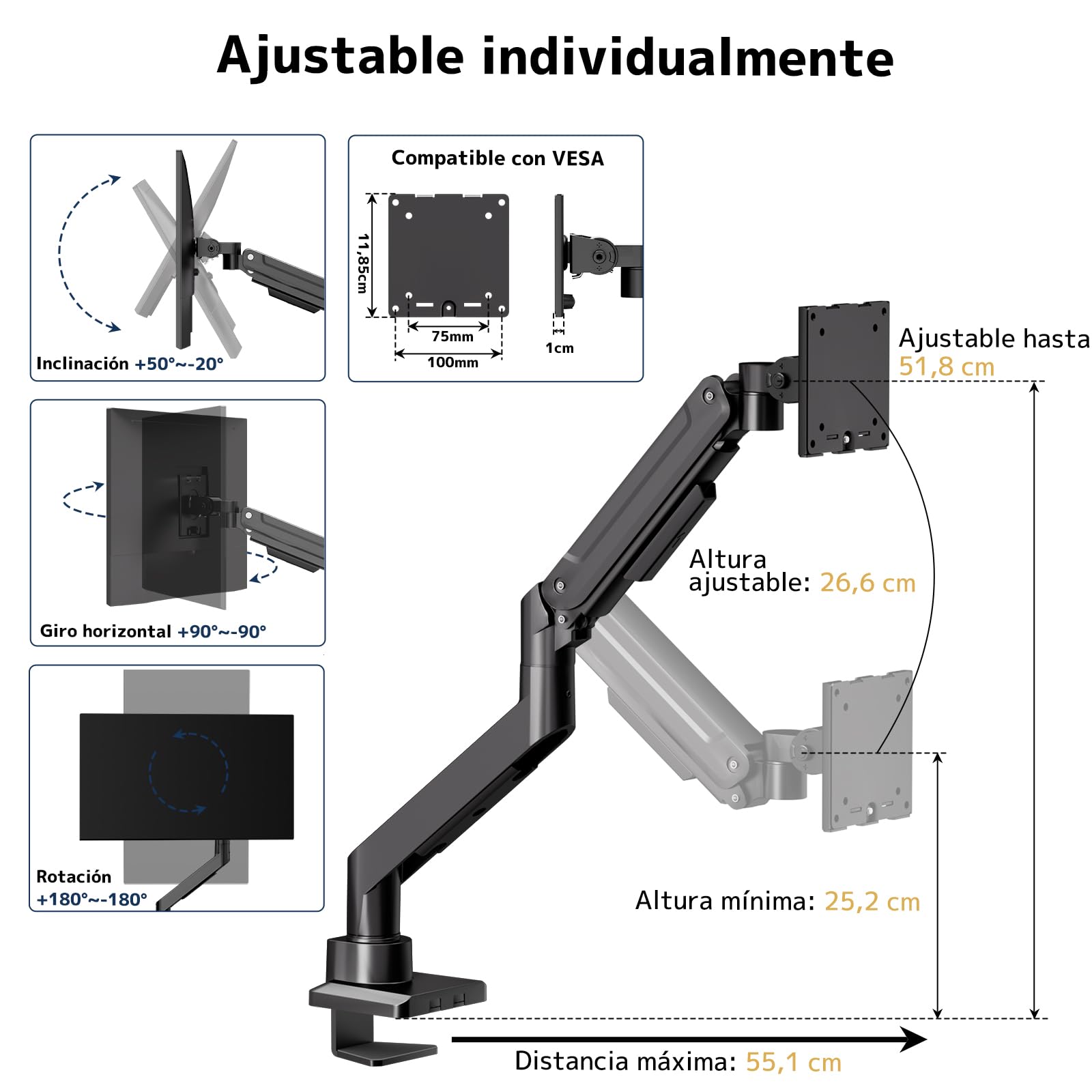 Soporte Monitor 1-Monitor para Pantallas de 17-49 Pulgadas – Brazo Monitor Ultrawide, Inclinable, Ajustable en Altura, Giratorio, Carga Máx. 20KG, VESA 75/100mm, Negro