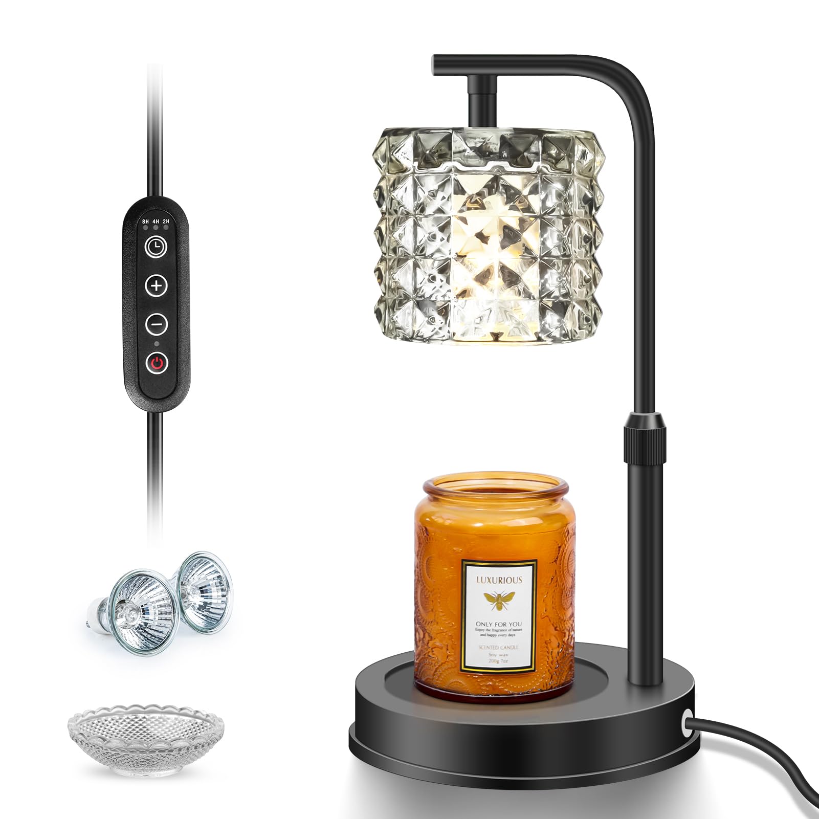 LiuNuoHe Candle Warmer Lamp with Dimmer, 2H/4H/8H Timer Suitable for All Kinds of Candles, Amber Glass Shade with 2 Bulbs 50W and Wax Disc, Home Scented Jar Candles Heater