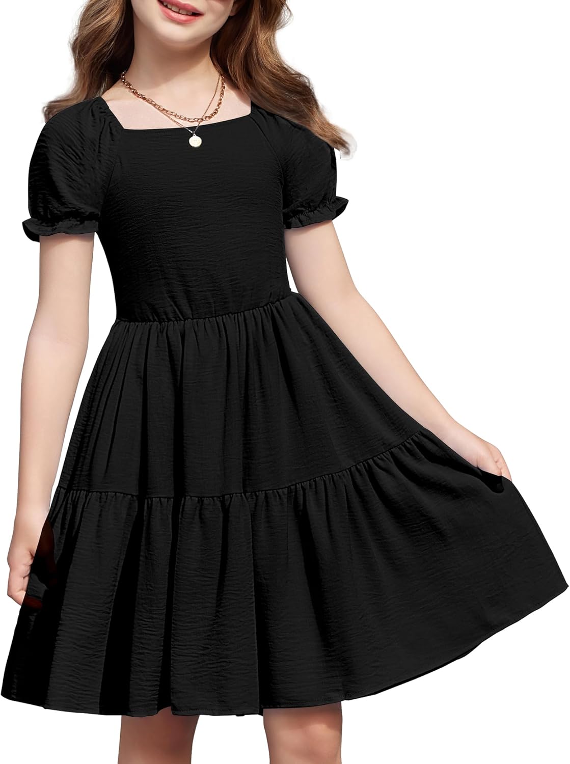 Arshiner Girls Summer Dress Tie Back Short Sleeve Square Neck Tiered Midi Casual Dresses with Pockets